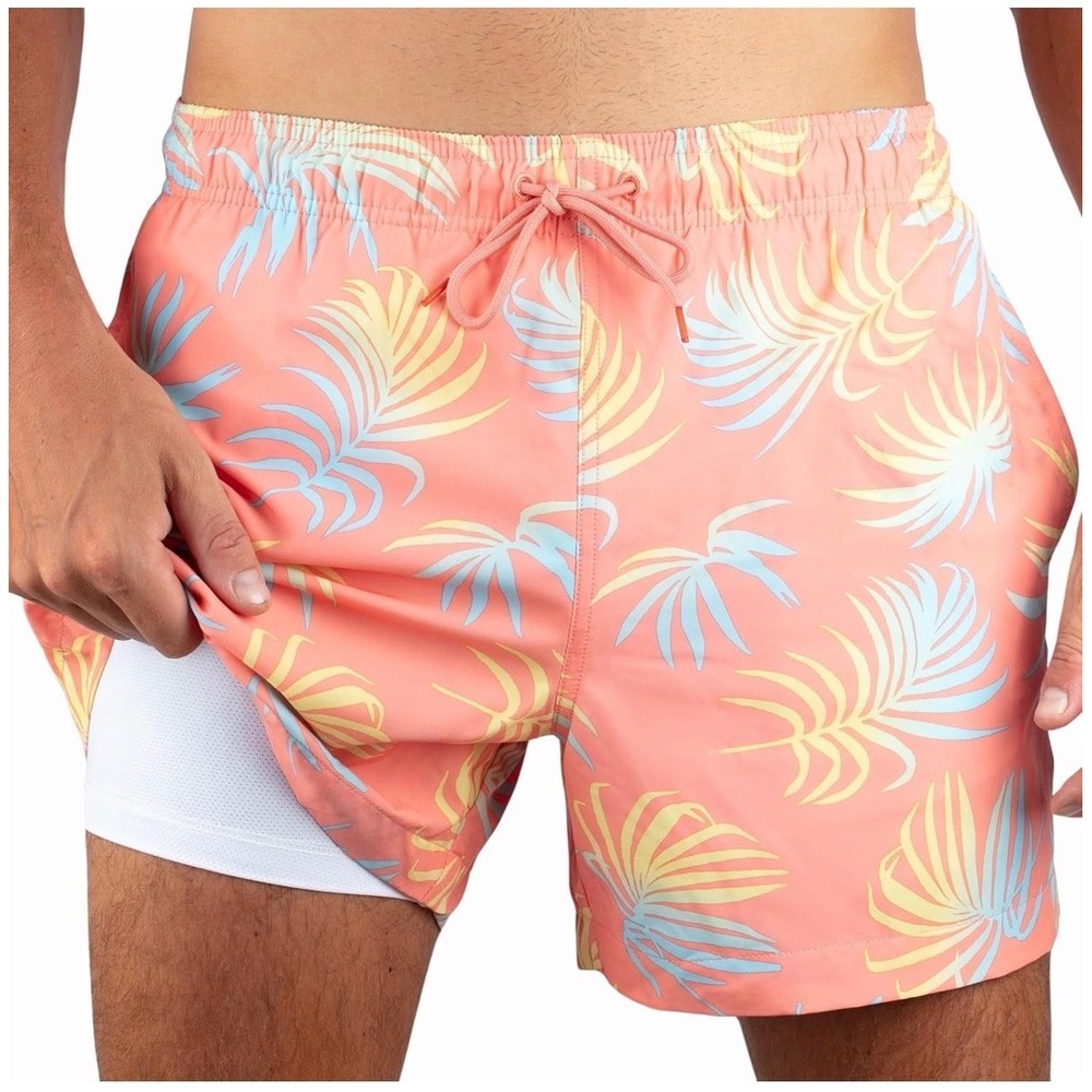 Kanu Surf Mens Rewind Coral Tropical Palm Swim Trunks Compression Liner 3X NEW